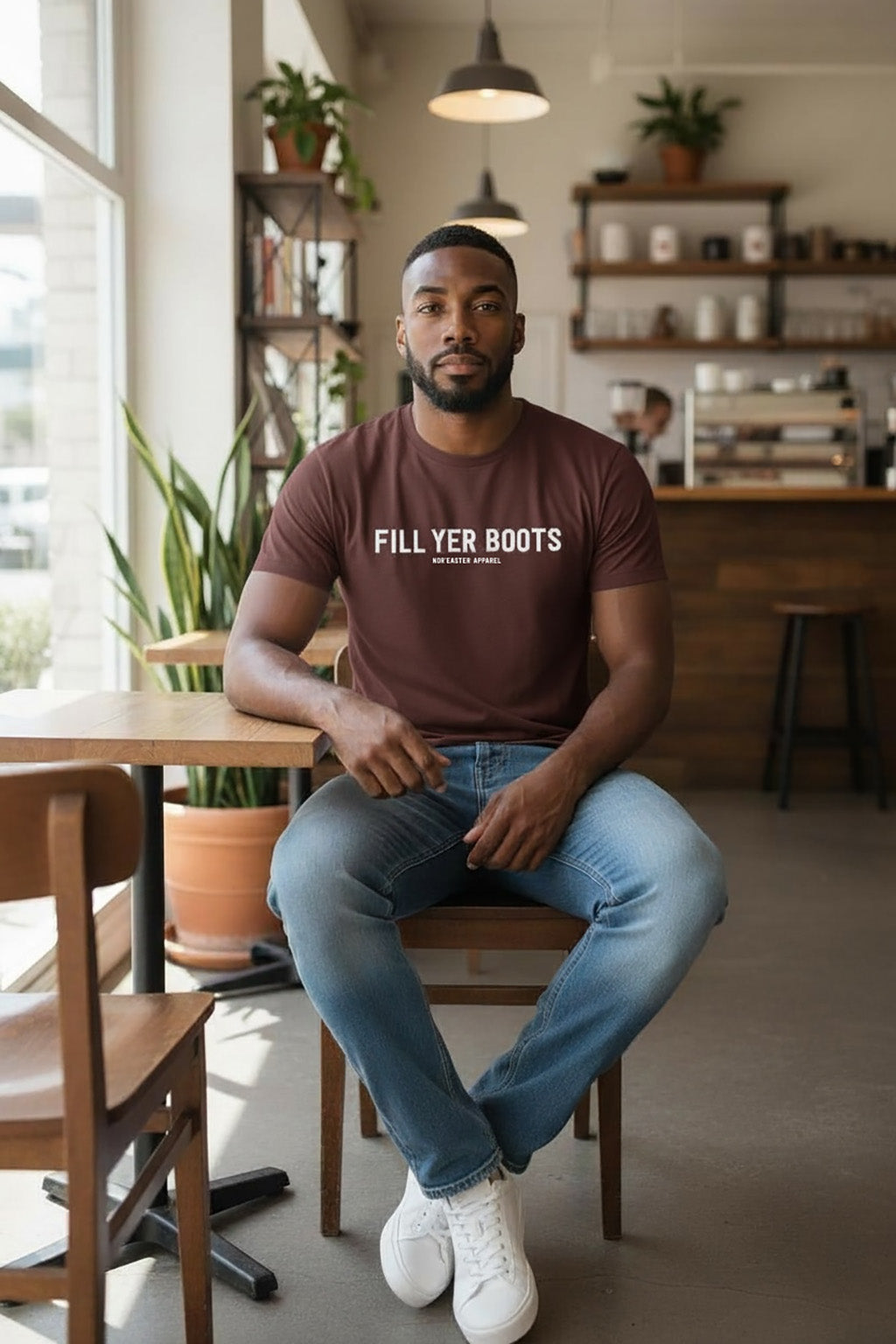 Man sitting at a table in a casual setting wearing a t-shirt with text.