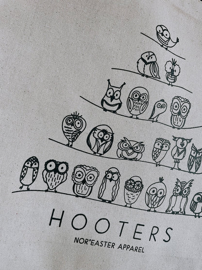 hooters tote bag detail of owls in black ink