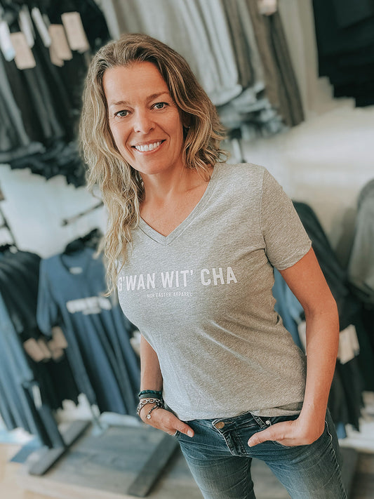 Gwan Wit Cha womens' relaxed fit v-neck grey with white ink on a blond woman