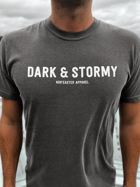 Nor'easter Apparel Dark and Stormy cocktail graphic tee detail view on a man