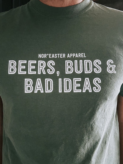 Green t-shirt with text 'BEERS, BUDS & BAD IDEAS' on a dark background