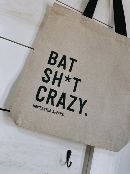 Nor'eatser Apparel Bat shit crazy tote bag with black ink